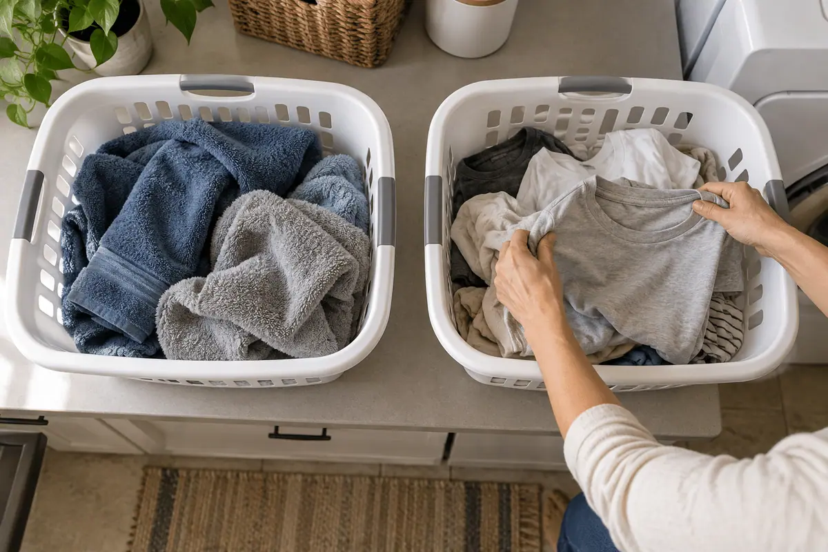 Hands separating heavy towels and lightweight shirts into two laundry baskets.