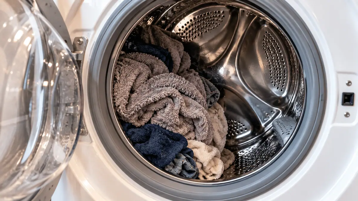 Wet towels and clothes bunched on one side of a front-load washer drum