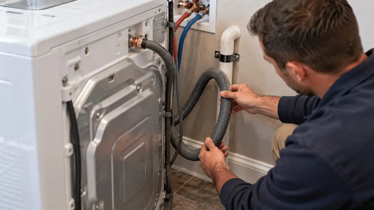 Checking the drain hose behind a washing machine for kinks or restrictions