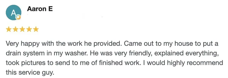 5-star review for washer drain system installation in Parma OH