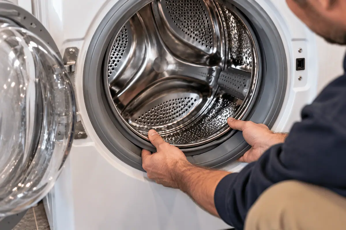 Hand checking a front-load washing machine drum for excessive movement