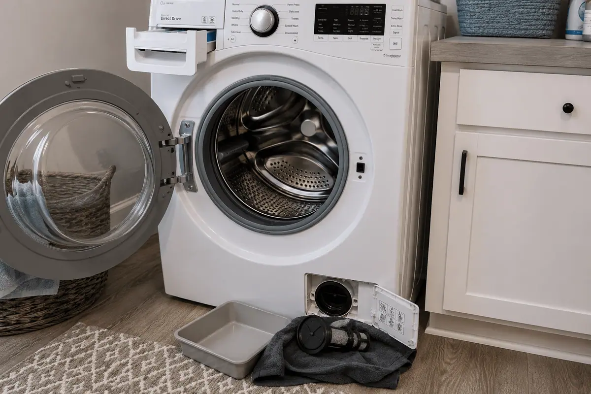 Open washer detergent dispenser and accessible filter area during cleaning