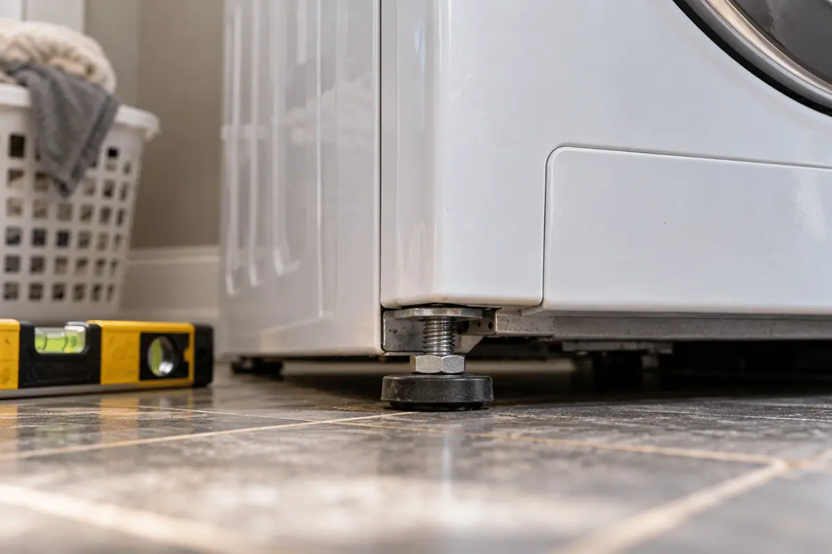 Adjustable washing machine foot resting unevenly on a laundry room floor