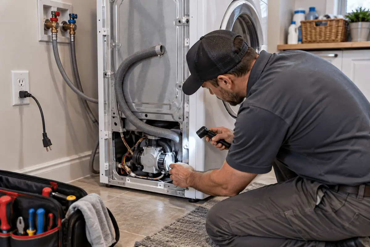 Appliance technician inspecting an unplugged washing machine during diagnosis
