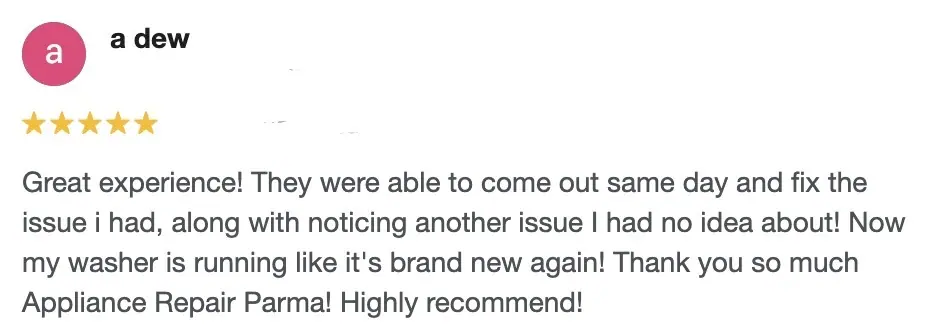 5-star washer repair customer review in Parma OH