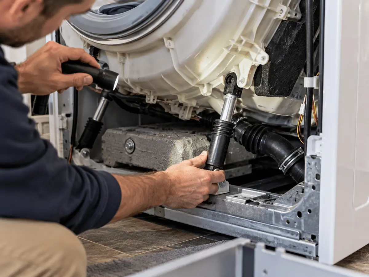Technician inspecting a washing machine shock absorber and tub suspension