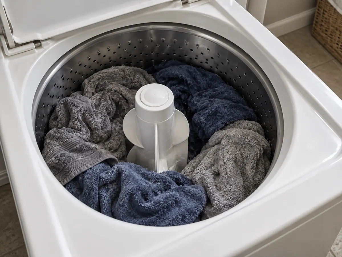 Wet cotton towels gathered around the agitator in an open top-loading washer.