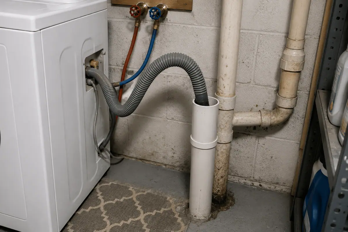 Washing machine drain hose and standpipe behind a basement washer
