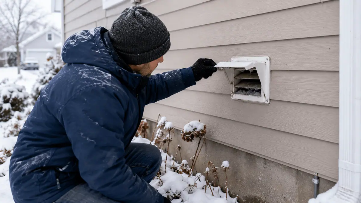 Exterior dryer vent being checked for snow and lint blockage in winter