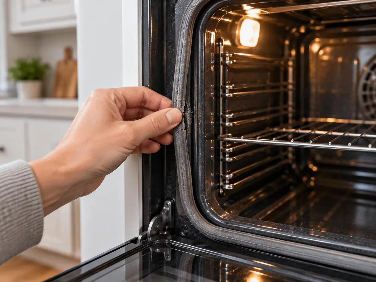 Homeowner inspecting a worn section of an oven door gasket